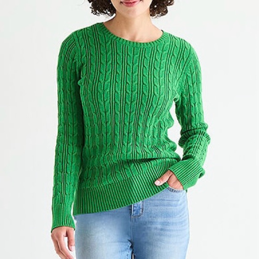 St. John’s Bay Green Cable Knit Crewneck Sweater Cotton Blend Preppy Classic XL
